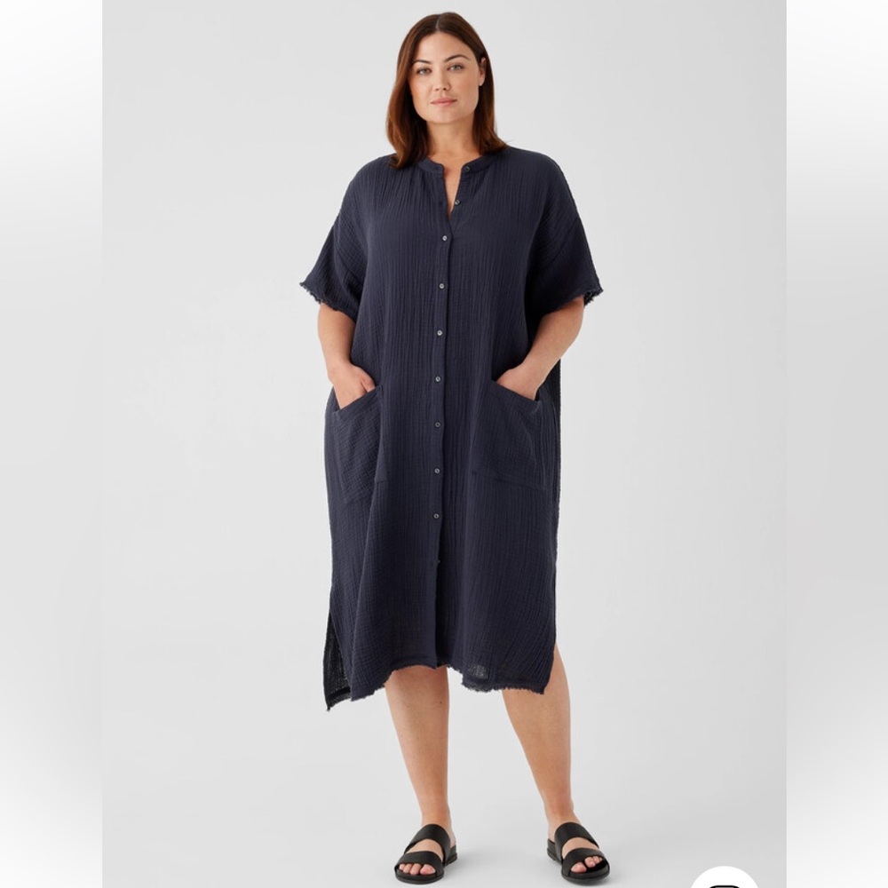Eileen Fisher 100% Organic Cotton Gauzy Navy Dress Women’s Size XL Lagenlook